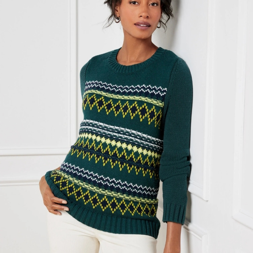 Talbots Petite Green Yellow Diamond Fair Isle Chunky Knit Crew Neck Sweater